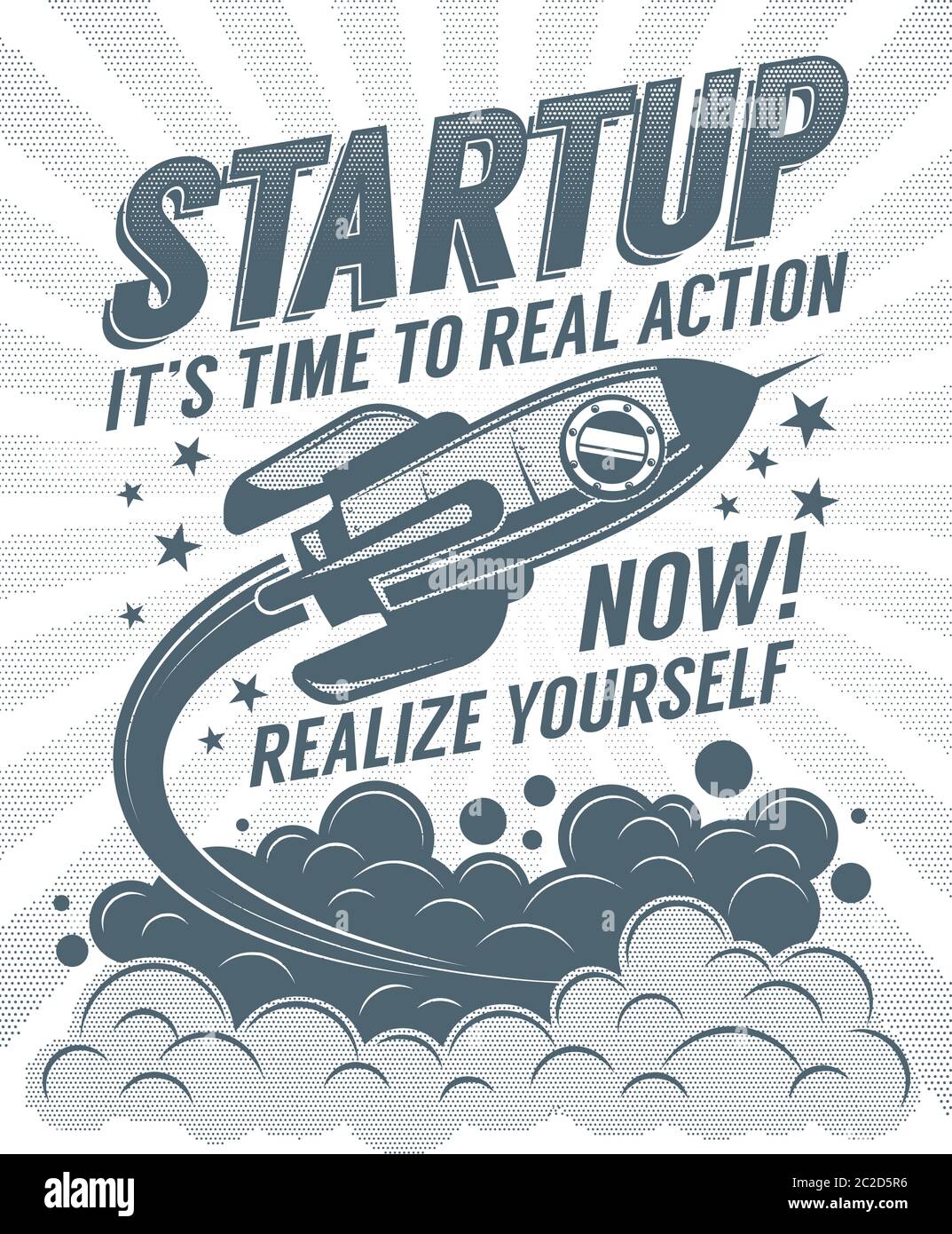 Startup Retro Poster mit einer aufsteigenden Rakete Stock Vektor