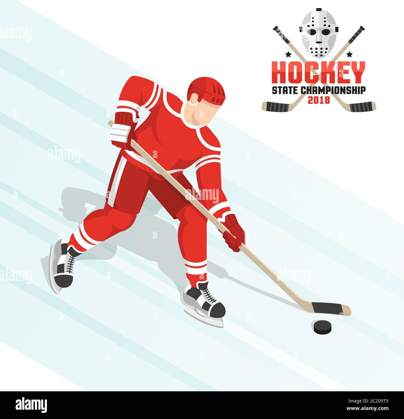 Ein Hockeyspieler führt den Puck auf Eis in einem Rote Uniform Stock Vektor