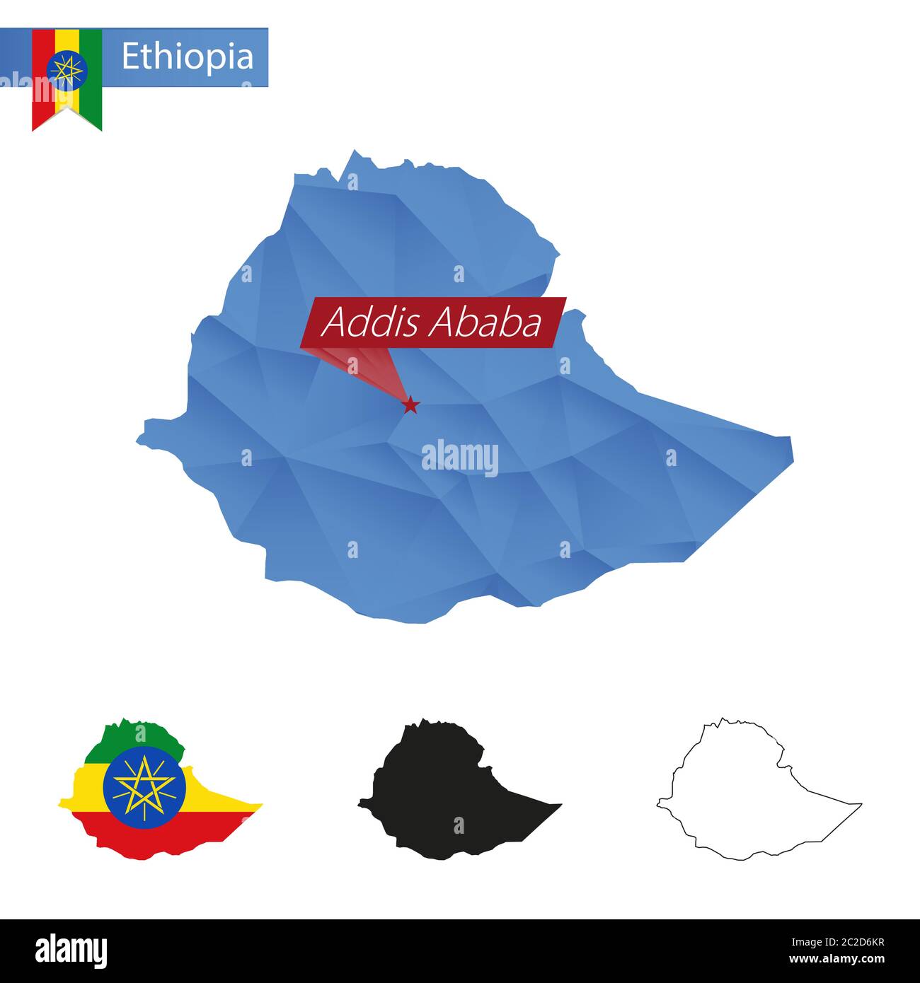 Äthiopien blau Low Poly Karte mit Hauptstadt Addis Abeba, Versionen mit Flagge, schwarz und Umriss. Vektorgrafik. Stock Vektor