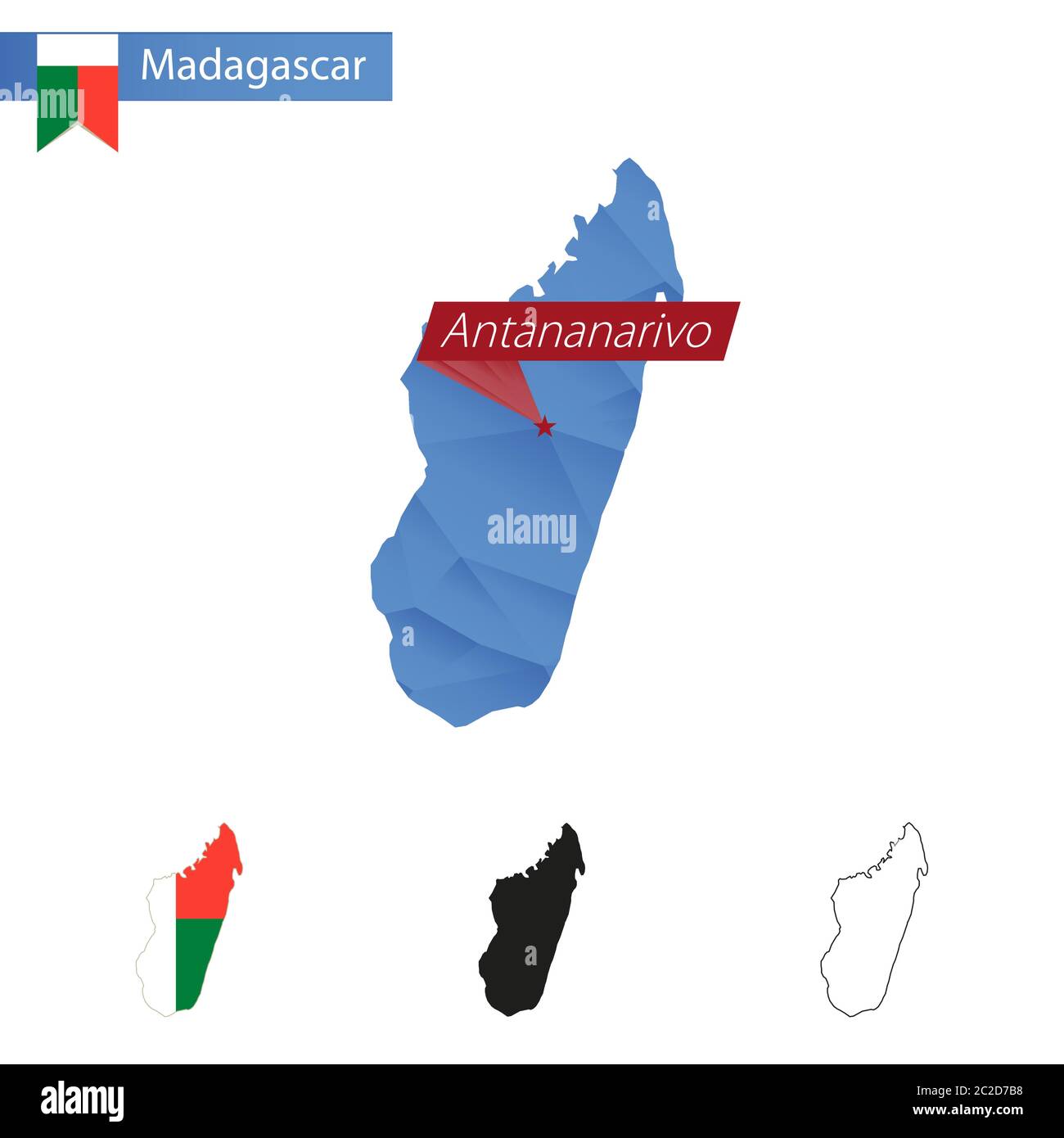 Madagaskar blau Low Poly Karte mit Hauptstadt Antananarivo, Versionen mit Flagge, schwarz und Umriss. Vektorgrafik. Stock Vektor