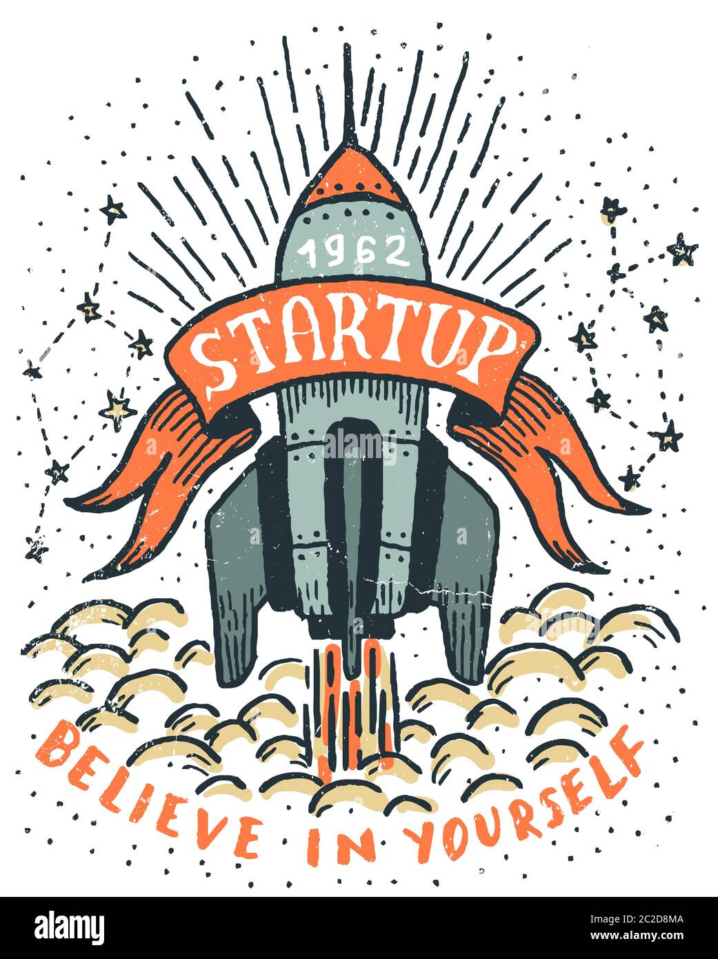 Startup-Illustration mit einer fliegenden Rakete, Band und Inschriften Stock Vektor