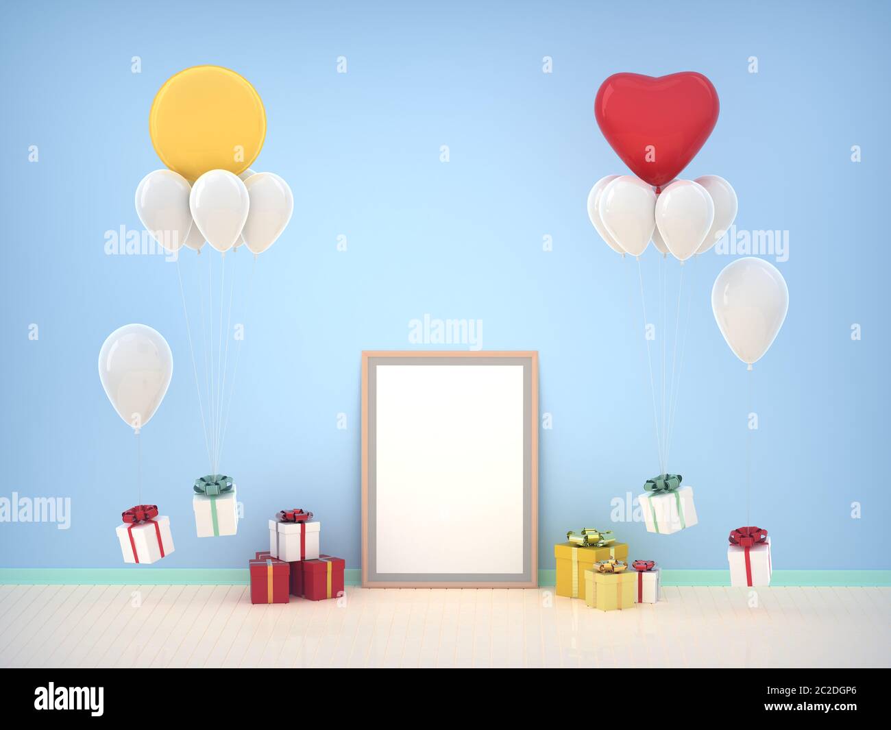 Feier Geburtstag poster Mock up Zimmer mit leeren Holz Rahmen, Geschenkbox, und Ballon am Fuss und blauem Hintergrund Stockfoto