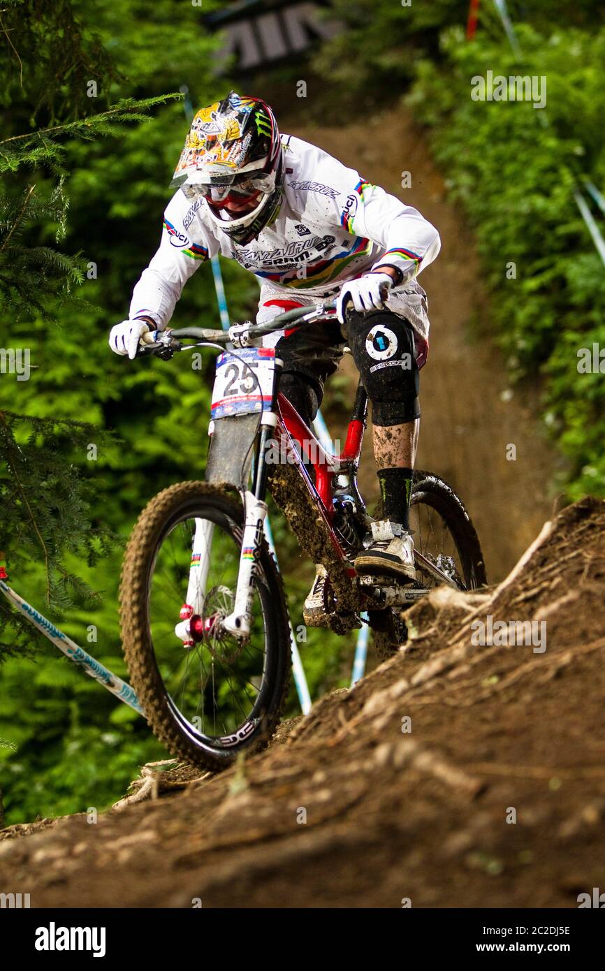 19. JUNI 2010 - LEOGANG, ÖSTERREICH. Steve Peat beim UCI Mountain Bike Downhill World Cup. Das Regenbogen Trikot des Weltmeisters tragen Stockfoto