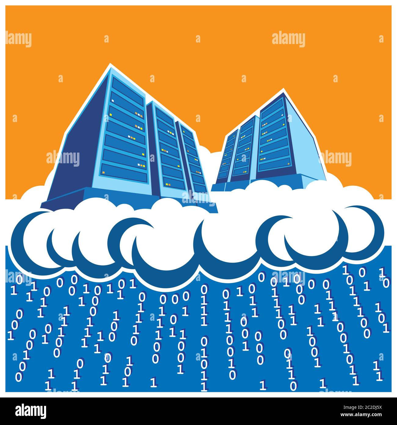 Stilisierte Illustration zum Thema Cloud Computing, Renderfarmen, Rechenzentren, Speicher, Server, Hochleistungsarbeitsplätze, Netzwerke usw. Stock Vektor