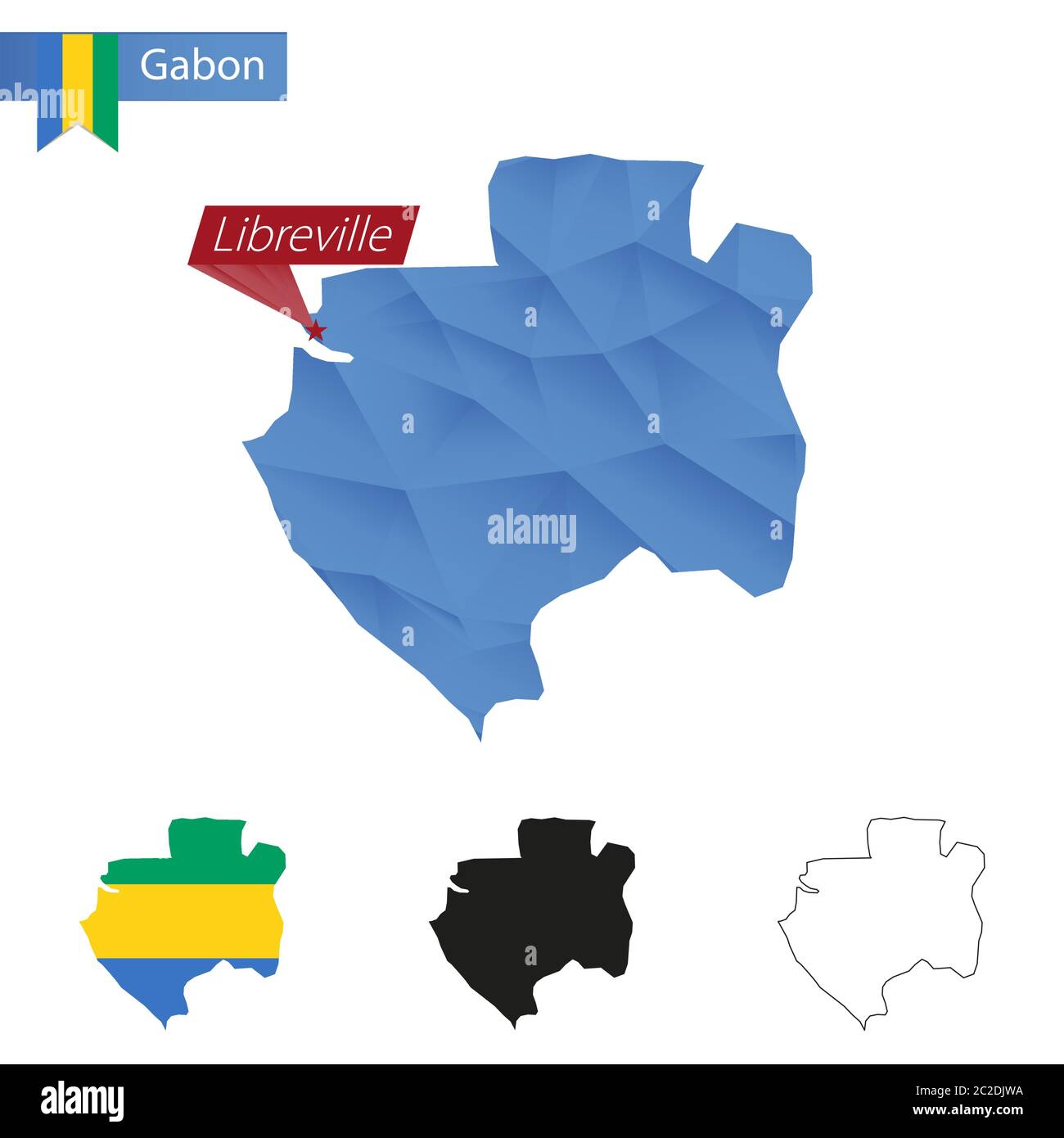 Gabun blau Low Poly Karte mit Hauptstadt Libreville, vier Versionen der Karte. Vektorgrafik. Stock Vektor