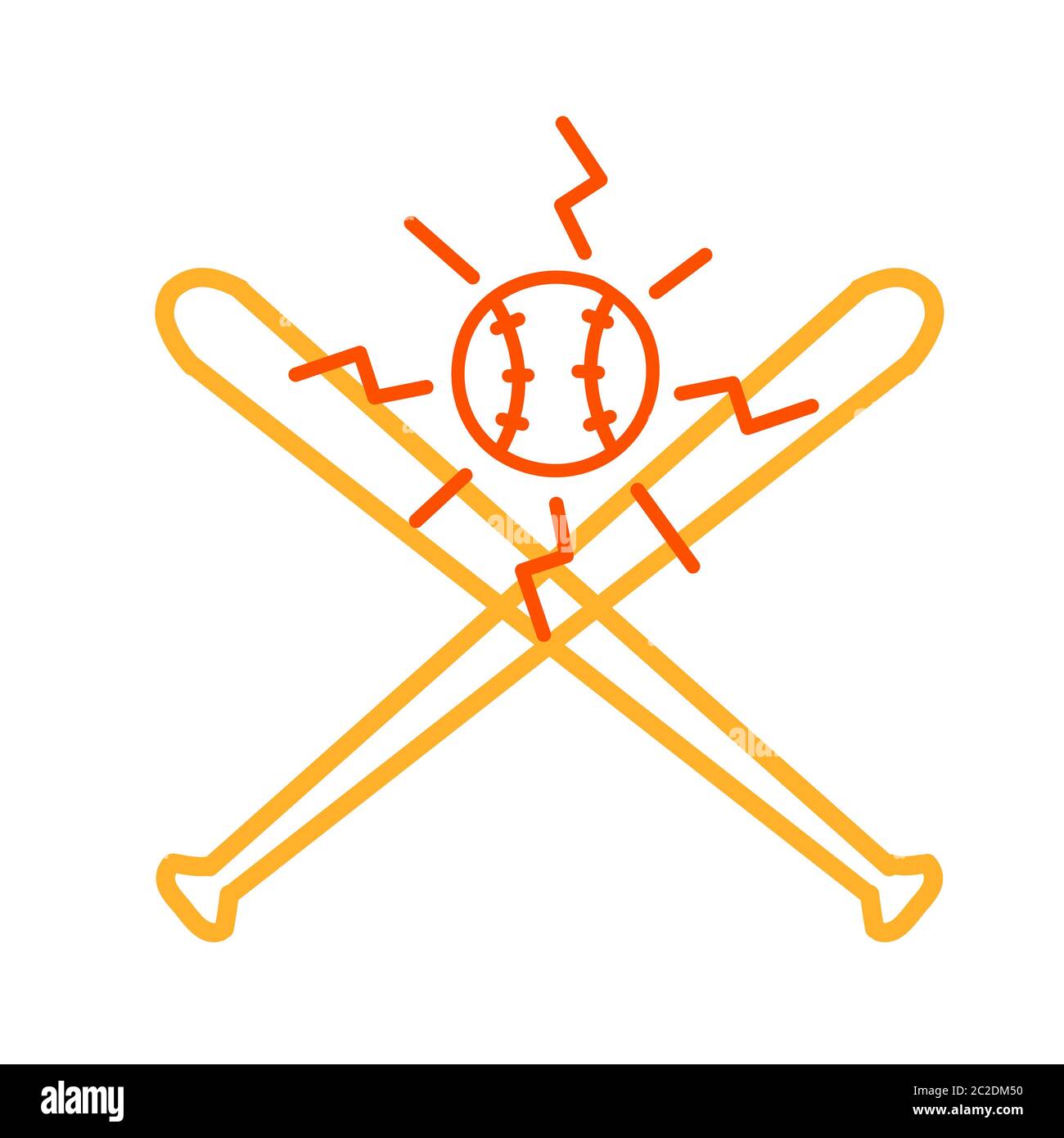 Mono-Line-Illustration eines gekreuzten Baseballschlägers mit Ball im monolinischen Stil auf isoliertem weißem Hintergrund. Stockfoto