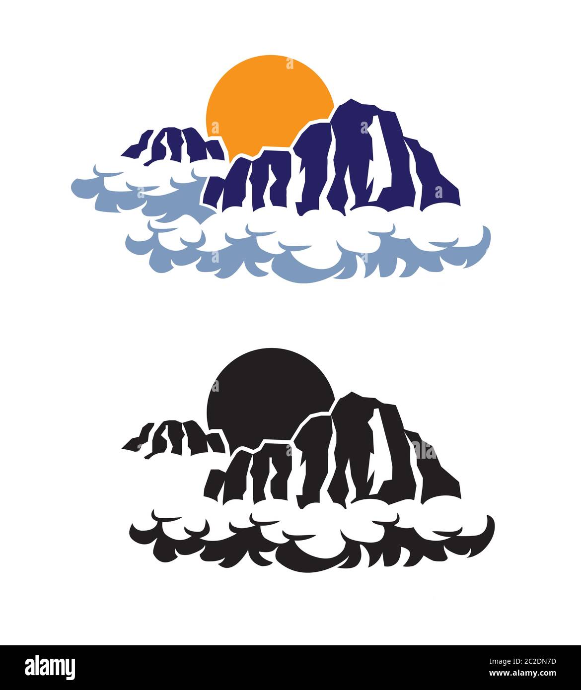 Vektor stilisierte Berge in den Wolken gegen den Sonnenuntergang Stock Vektor