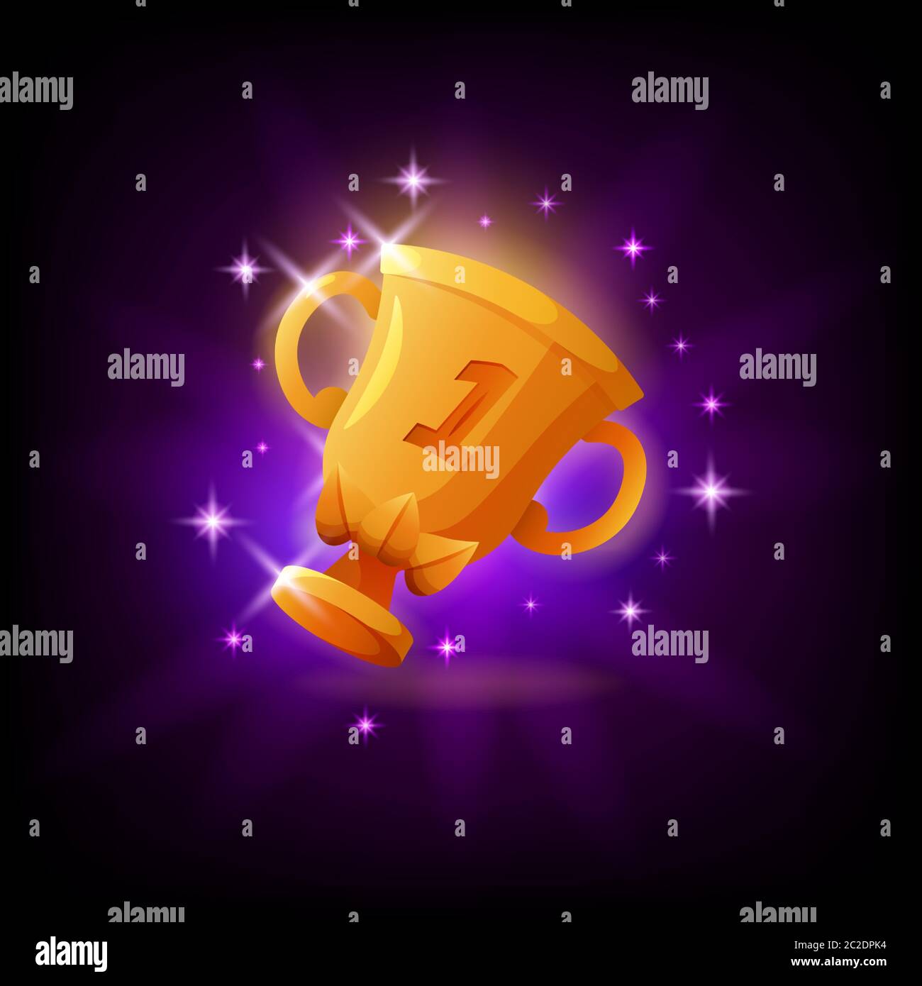 Gold Cup Trophäe GUI Gaming oder Mobile App Symbol, dunkler Hintergrund. Platz 1 Preisvektor Illustration im Cartoon-Stil Stock Vektor