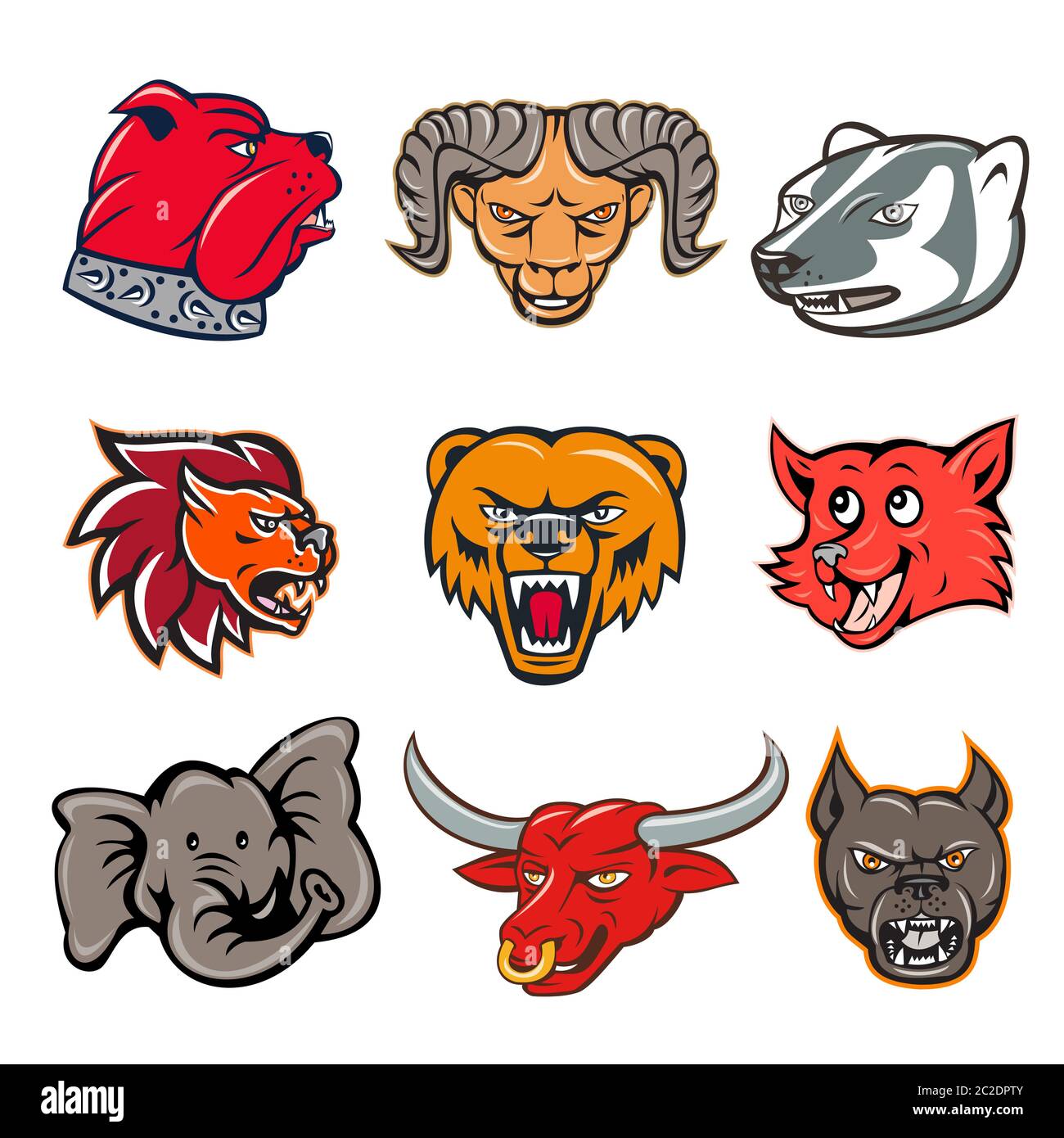 Set oder Sammlung von Comic-Figur Maskottchen Stil Illustration von Kopf der Tier-Tierwelt wie Bulldogge, RAM, Dachs, Löwe, Bär, Fuchs, Elefant, texa Stockfoto