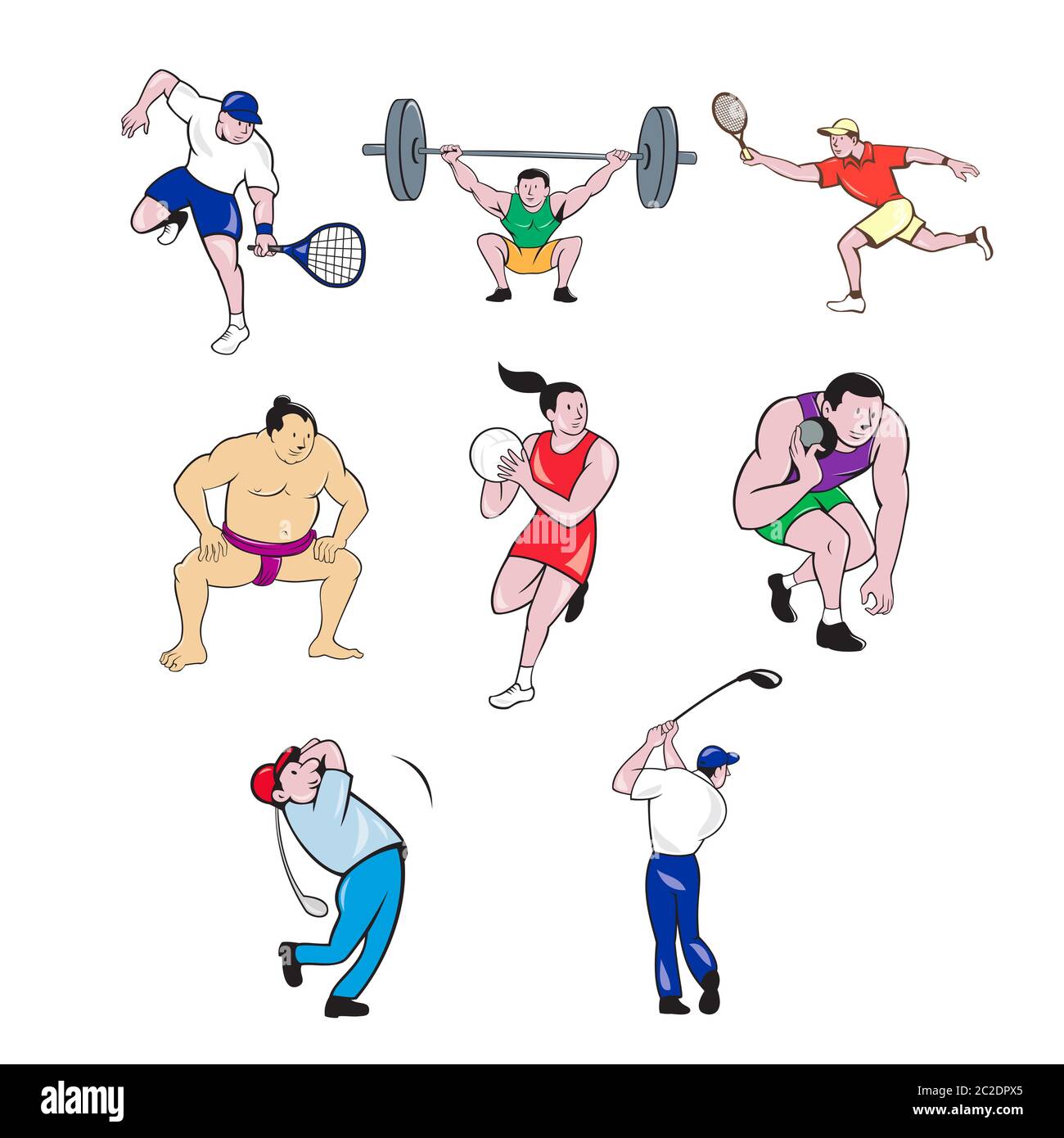 Set oder Sammlung von Comic-Charakter Sport Maskottchen Stil Illustration eines Sumo-Wrestler, Tennisspieler, Gewichtheber, Netball-Spieler, Shotput und go Stockfoto