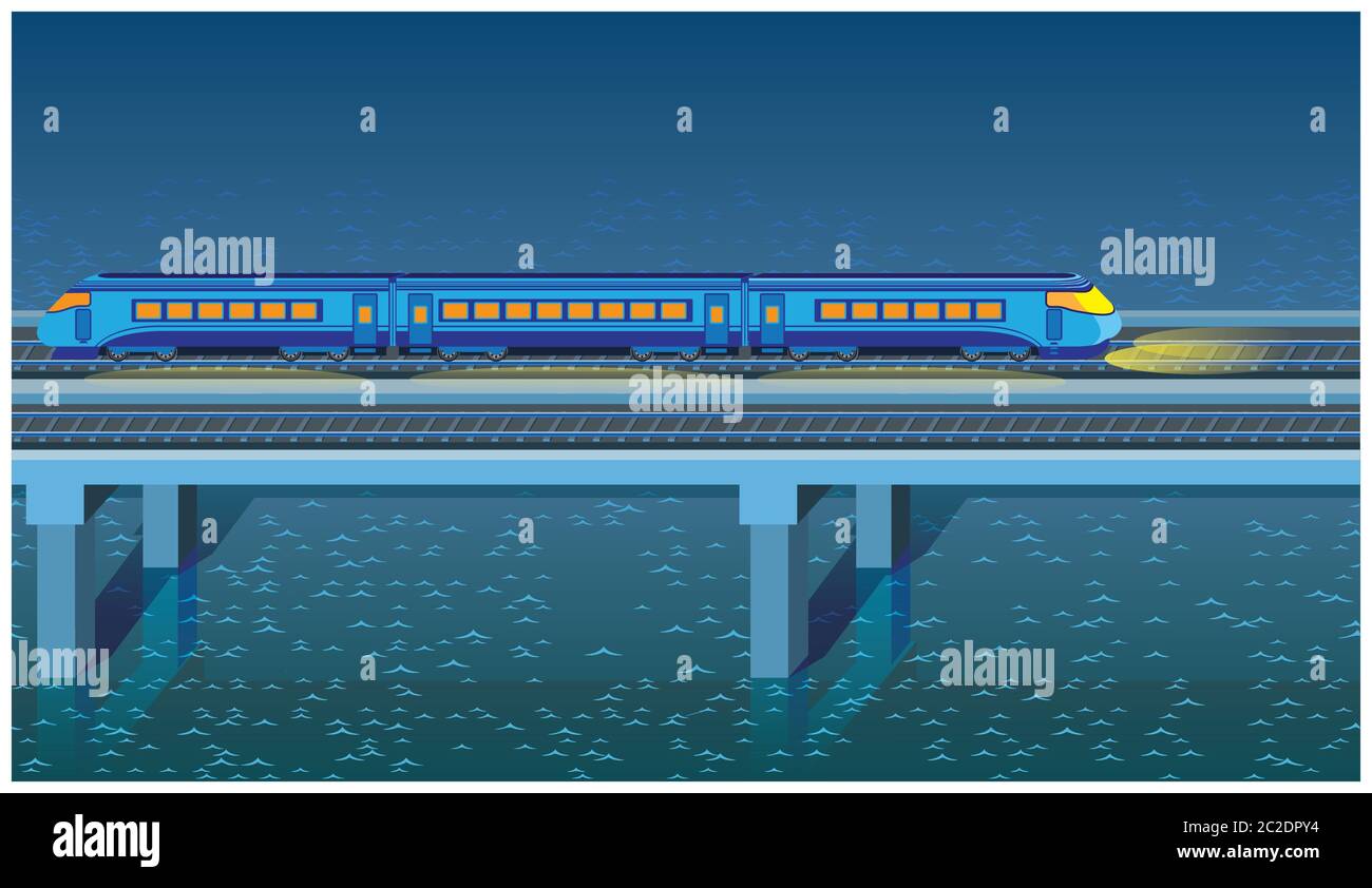 Nahtlose horizontale stilisierte Illustration eines nächtlichen Schnellzugs, der über die Brücke raste Stock Vektor