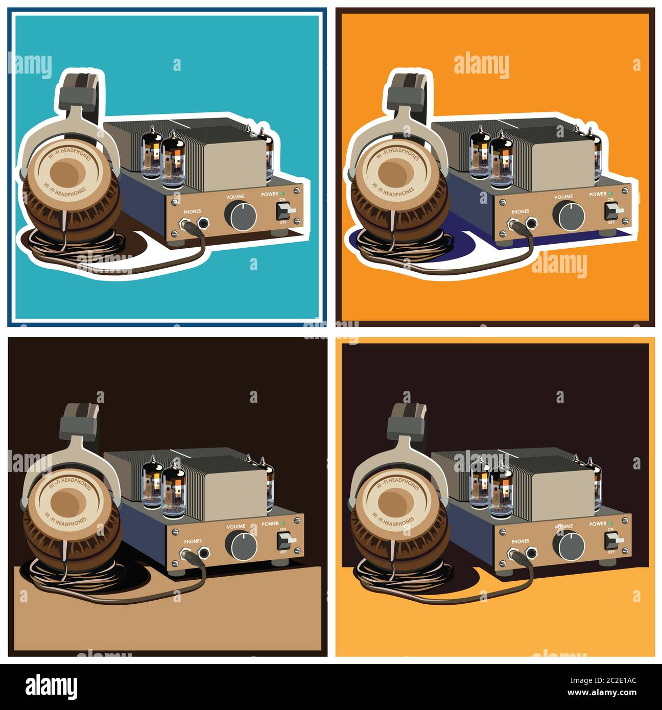 Stilisierte Vektor-Komposition zum Thema Lautsprecher, Verstärker, Empfänger, Kopfhörer, etc. Retro-Lampe Verstärker und Kopfhörer Stock Vektor