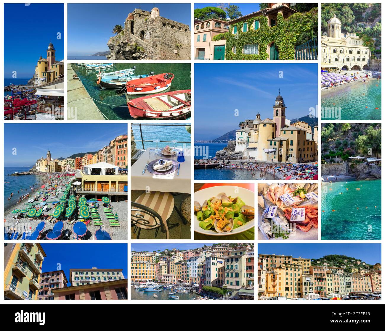 Farbenfrohe Gebäude und Strand in Camogli an sonnigen Sommertagen, Ligurien, Italien. Collage Stockfoto