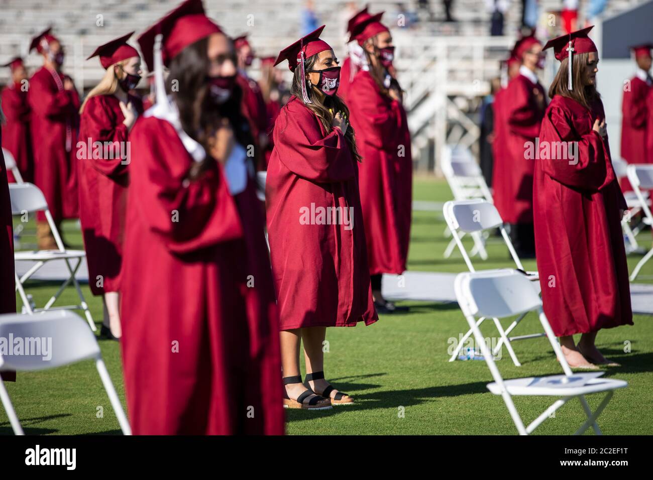 Die Sherman High School Class of 2020 Zeremonie findet am 13. Juni im Bearcat Stadium in Sherman, TX statt. Stockfoto