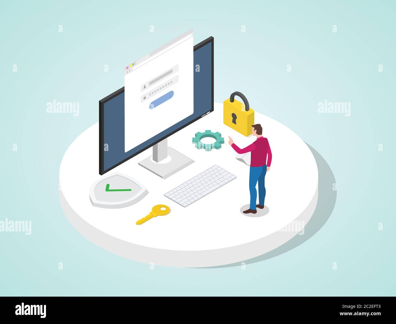 Mann Zugang Anwendung anmelden mit Passwort auf Computer schützen persönliche Informationssystem. Konto persönliche Sicherheit Konzept moderne Wohnung Cartoon sty Stockfoto