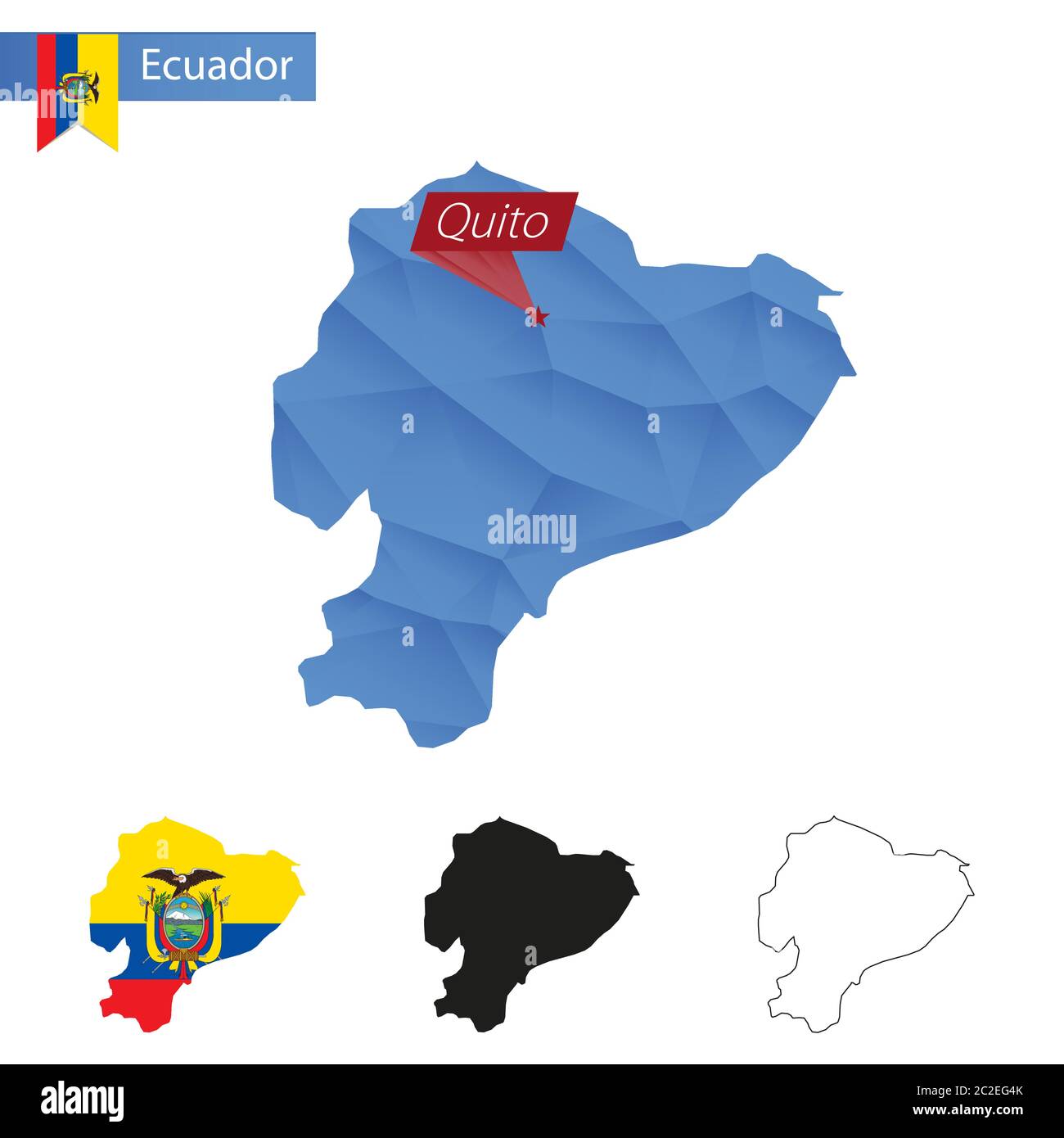 Ecuador Blue Low Poly Karte mit Hauptstadt Quito, Versionen mit Flagge, schwarz und Umriss. Vektorgrafik. Stock Vektor