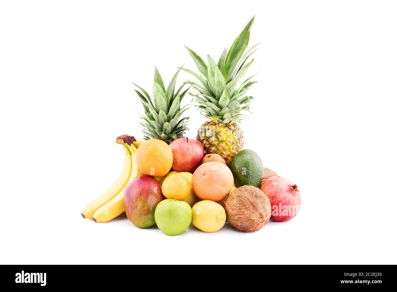 Ein Haufen von verschiedenen Arten von Früchten, auf weißem Hintergrund. Stockfoto
