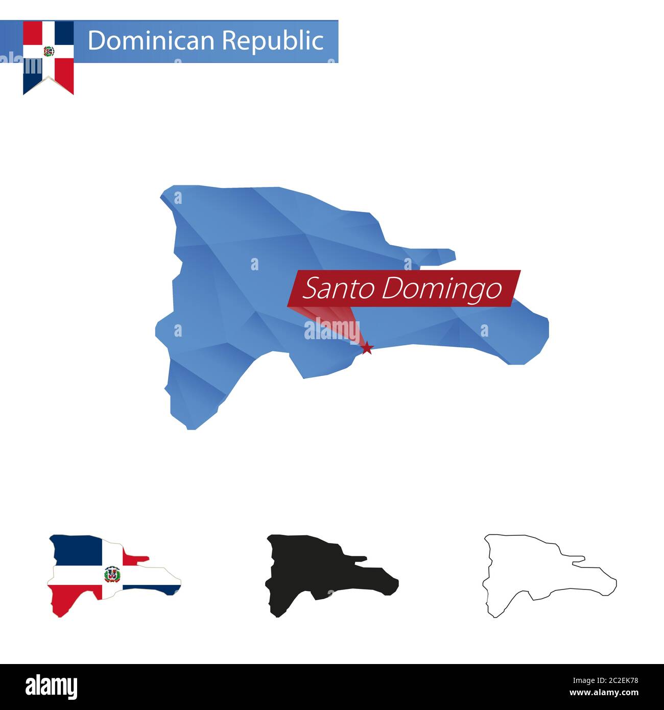 Dominikanische Republik blau Low Poly Karte mit Hauptstadt Santo Domingo, Versionen mit Flagge, schwarz und Umriss. Vektorgrafik. Stock Vektor