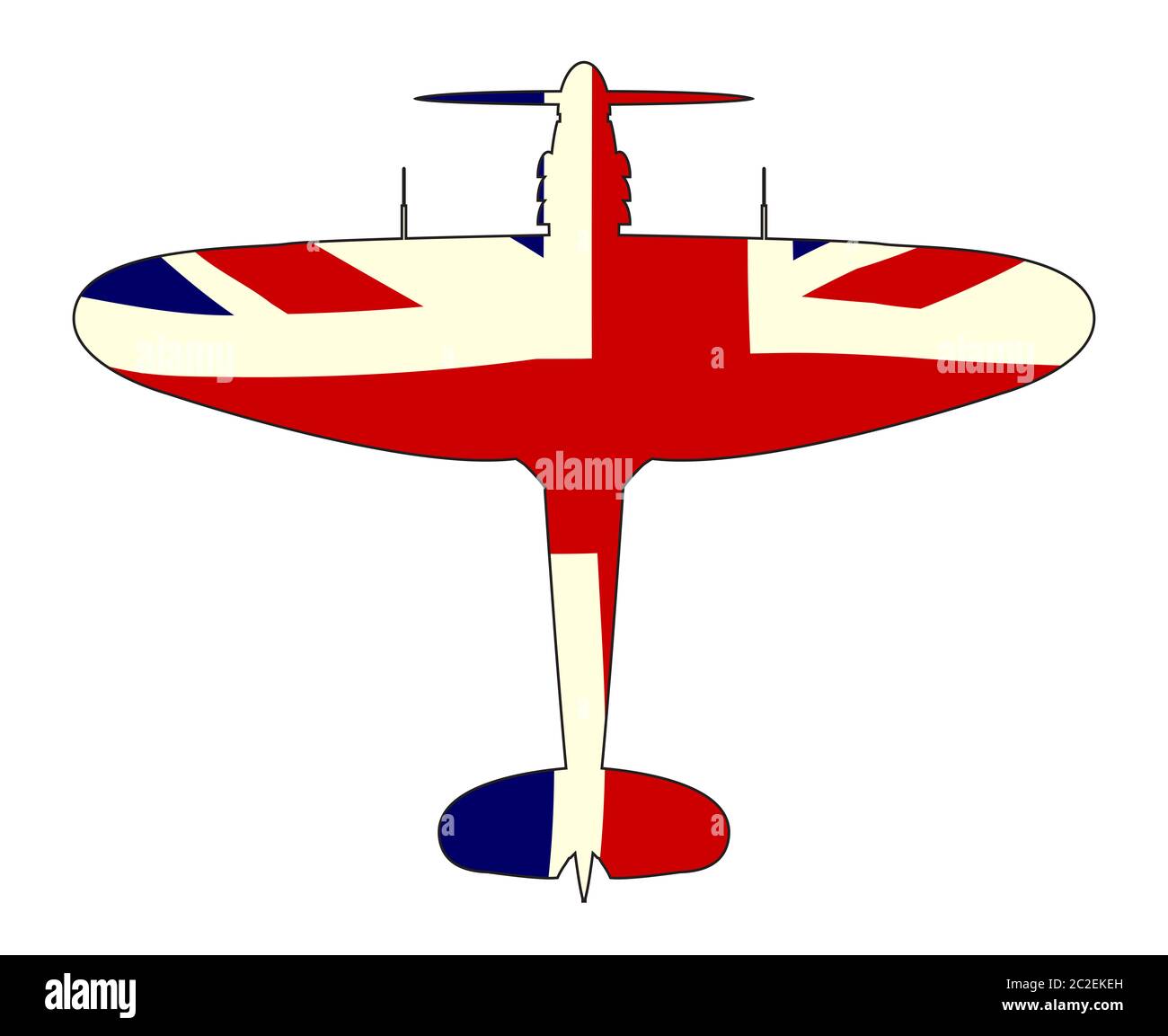 Ein typisches WW2 British Jagdflugzeug mit Union Jack Flagge Silhouette auf weißem Hintergrund Stockfoto