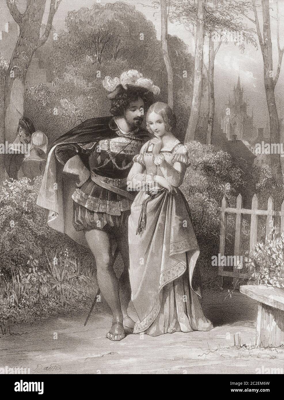 Faust und Gretchen in der Goethe-Version der Legende. Faust und Margarita in der Michail Bulgakow-Version der Geschichte. Nach einem Werk von Jules David aus dem 19. Jahrhundert. Stockfoto