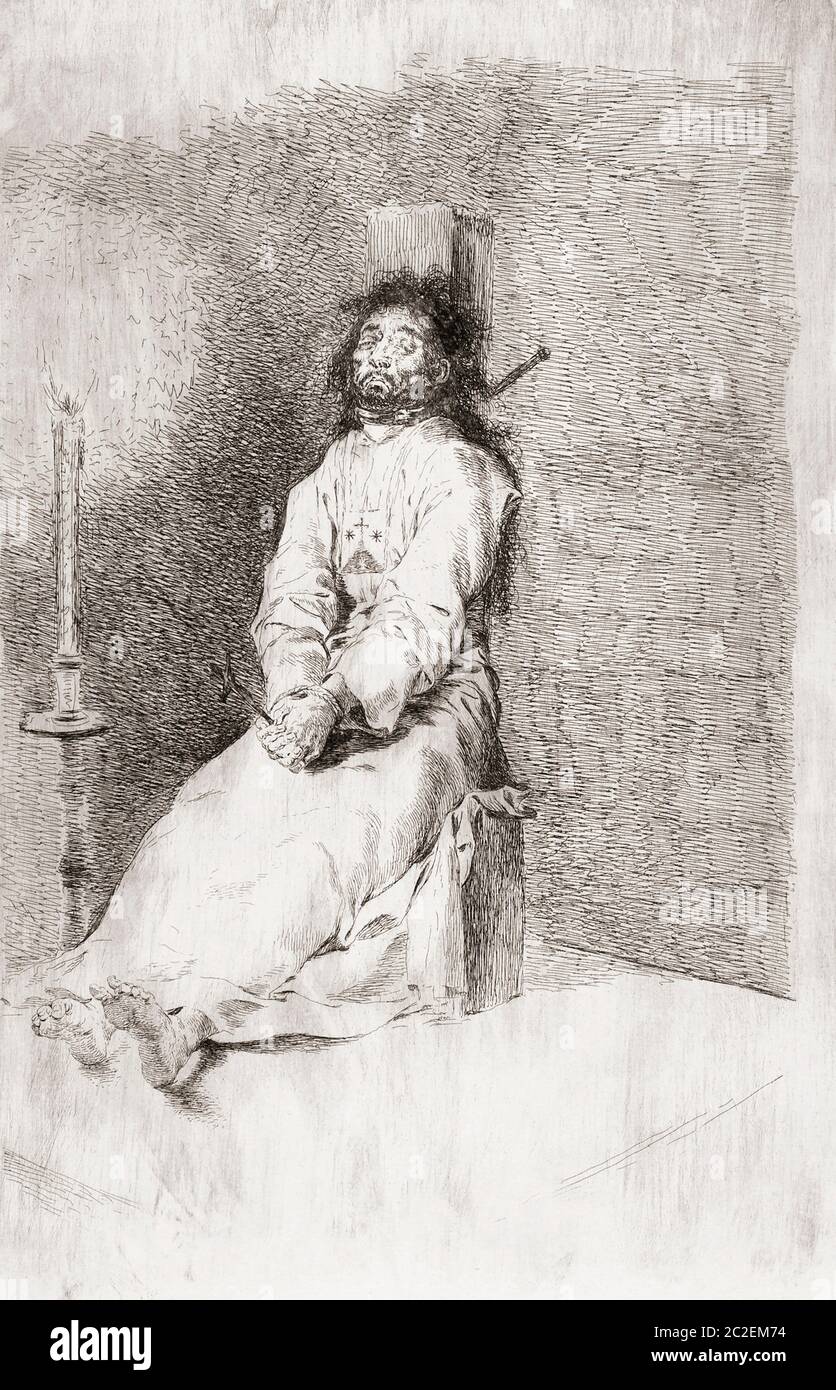 Der Mann mit der Kleidung - El agarottado. Radierung von Francisco Goya, um 1780. Stockfoto