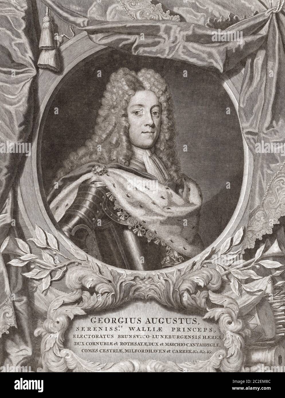 König Georg II. Von England, 1683 - 1760. Hier gesehen, als er Prinz von Wales war. Nach einem Stich von Pieter van Gunst aus dem frühen 18. Jahrhundert nach einem Werk von Georg Wilhelm Lafontaine. Stockfoto