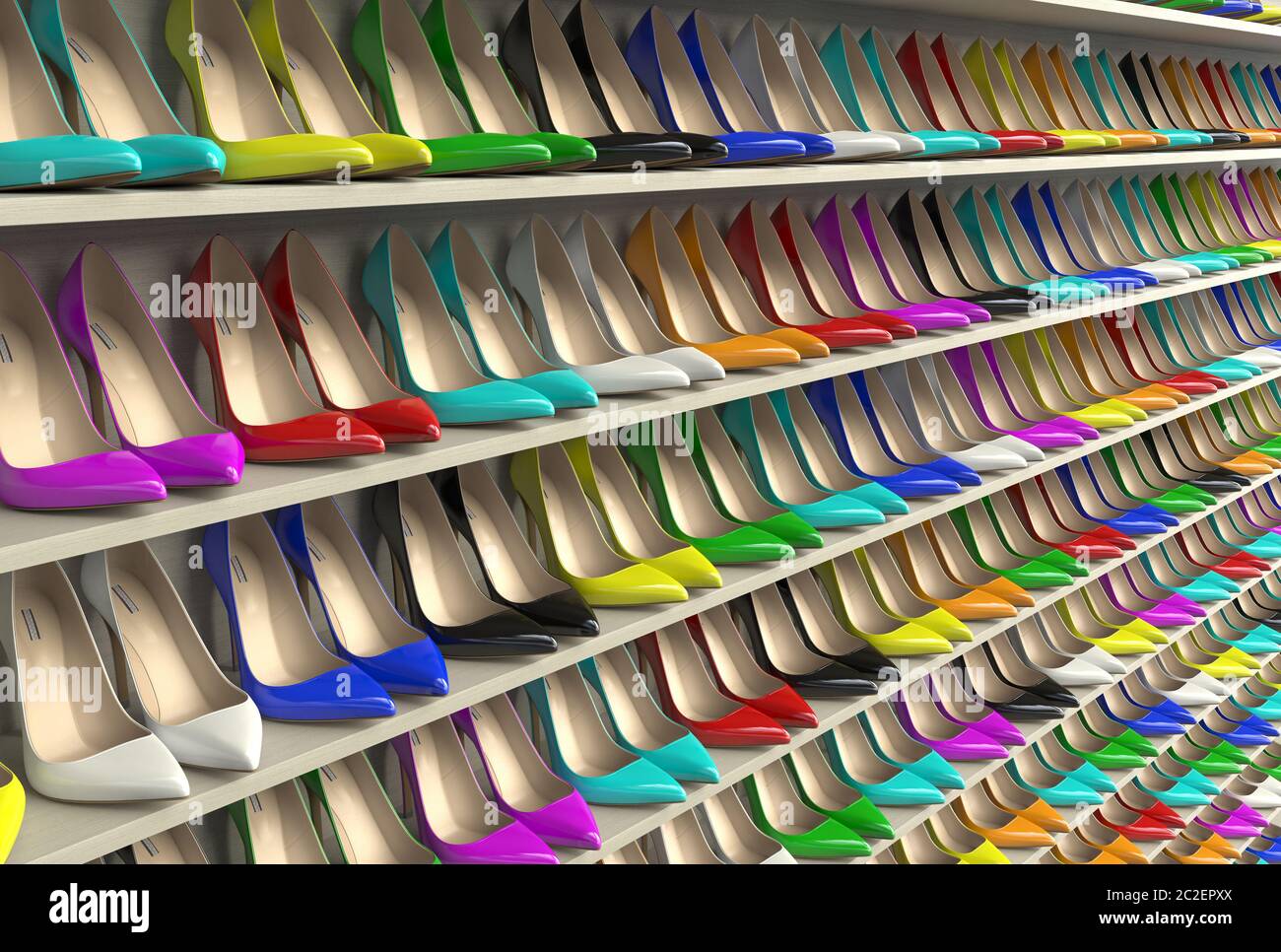 Viele bunte helle Frauen hoch-abgehälte Schuhe mit einem spitzen Zeh stehen  in einer Reihe auf den Regalen. Die große Auswahl an bunten Pumps Schuhe in  einem c Stockfotografie - Alamy