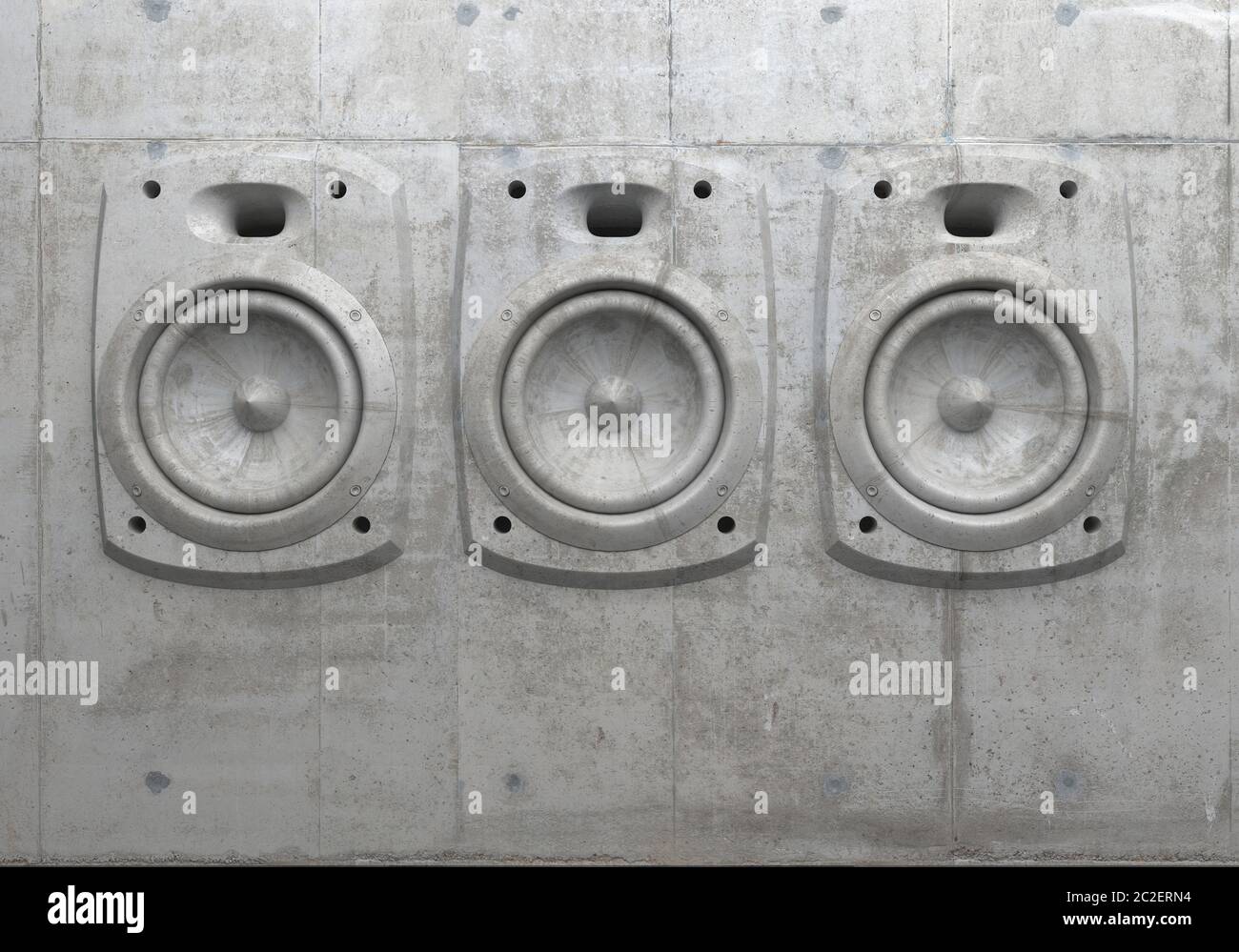 Zementskulptur in Form eines Schalllautsprechers an einer Betonfassadenwand. 3D-Wandpanel des Audiosystems. Kreative konzeptuelle moderne Kunst. Musik Wand. Stockfoto