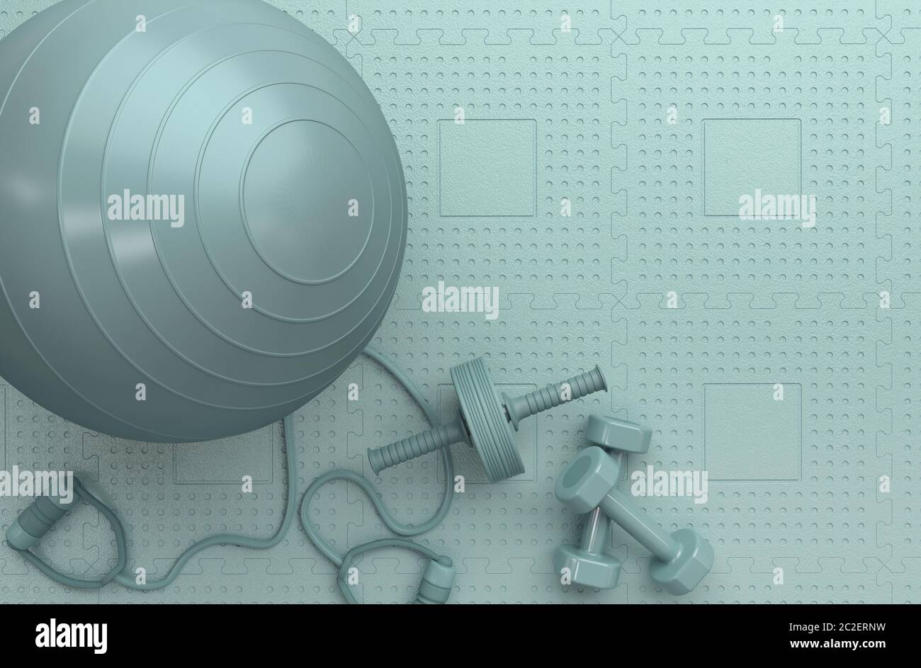 Türkisfarbenes Sportgerät auf türkisfarbenem Hintergrund. Fitnessball, Hanteln, Expander auf der Fitnessmatte. Fitness, Sport und gesunder Lebensstil. Monochro Stockfoto