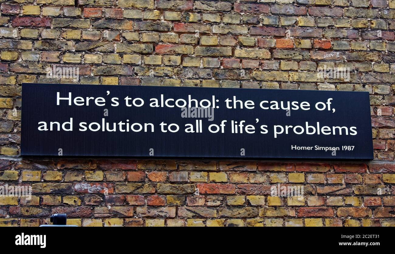 schild, weiß auf schwarz, Ziegelwand, hier ist Alkohol: Die Ursache und Lösung für alle Probleme des Lebens; Worte, Zitat, Homer Simpson, Europa, Bruch Stockfoto
