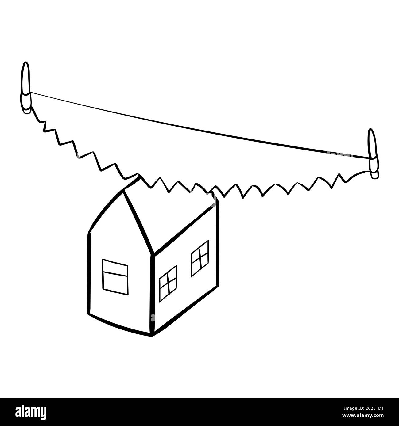 Konzept der Scheidung und Teilung des Eigentums. Saw schneidet das Haus in der Hälfte. Schwarz-Weiß Skizzenvektordarstellung Stock Vektor