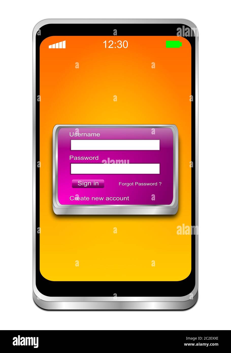 Smartphone mit violettem Anmeldebildschirm auf orangefarbenem Desktop - 3D-Abbildung Stockfoto
