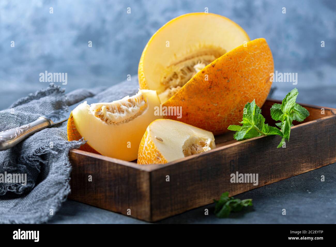 Scheiben von reife, gelbe Melone. Stockfoto