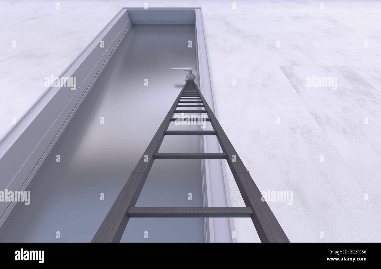 Eine Leiter, die gegen eine große und hohe Bürotür steht. Blick von unten nach oben. Konzeptionelle kreative Illustration mit Kopierbereich. 3D-Rendering. Stockfoto