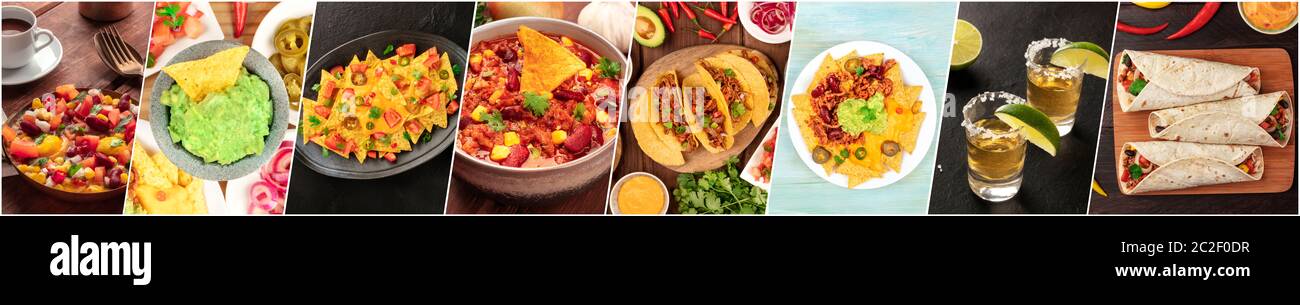 Mexikanische Küche Collage. Ein Panorama von verschiedenen Tex-Mex-Gerichten, lateinamerikanische Küche Banner mit Chili con Carne, Nachos, Burritos Stockfoto