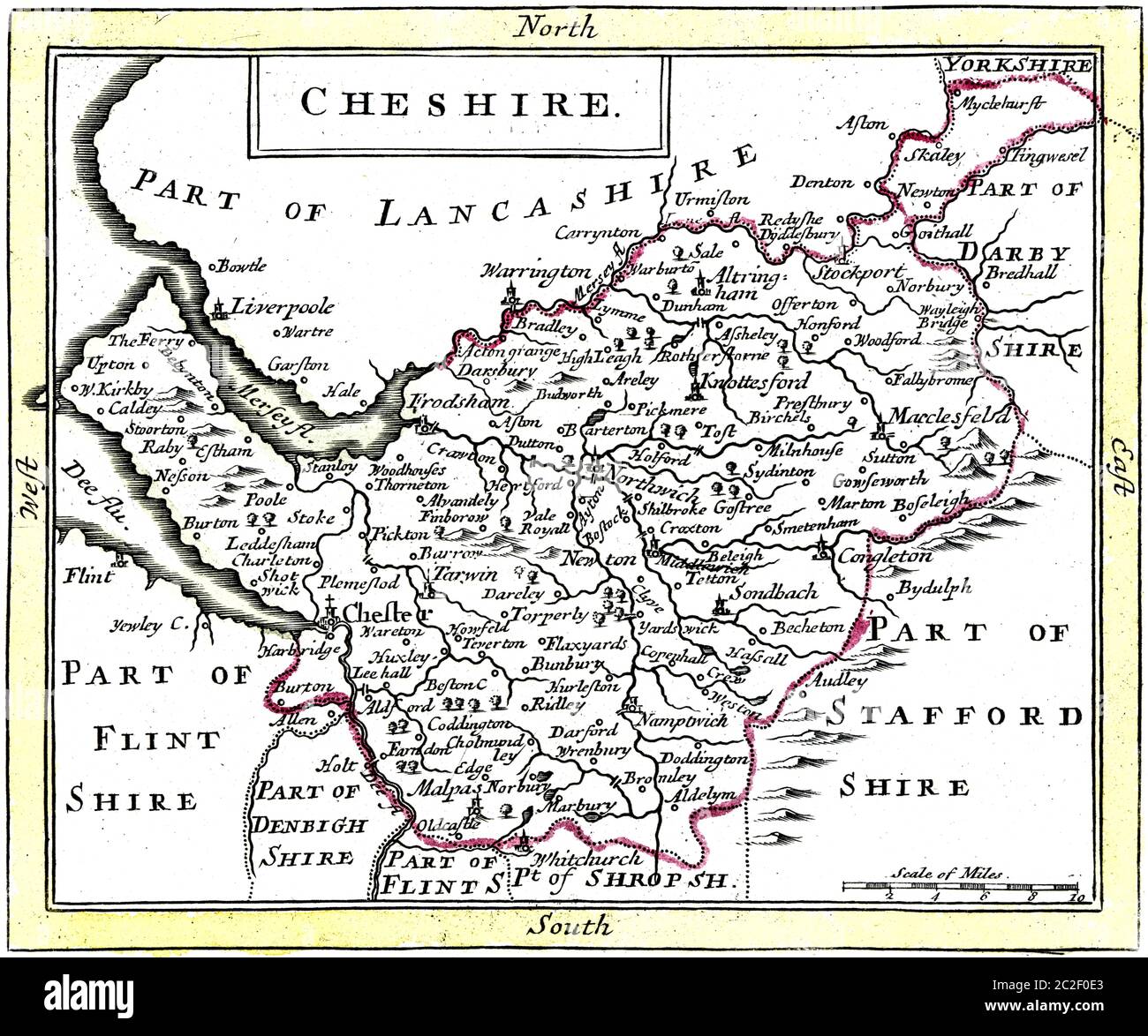 Eine farbige Karte von Cheshire, die in hoher Auflösung von einem Buch aus den 1780er Jahren gescannt wurde. Dieses Bild ist vermutlich frei von allen Urheberrechten. Stockfoto