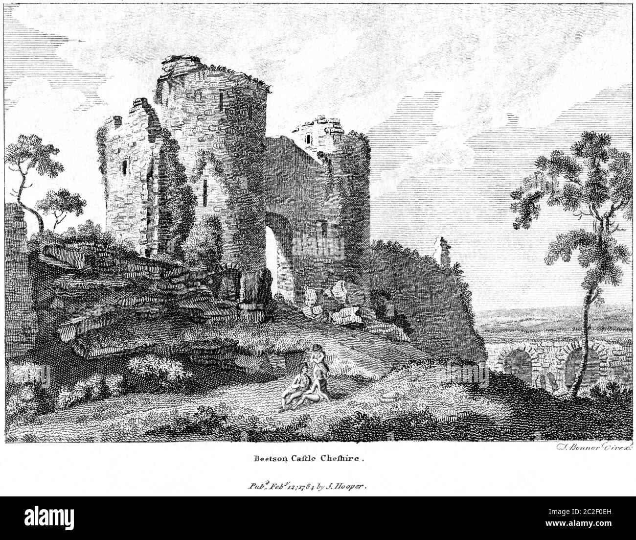 Ein Stich von Beeston Castle Cheshire Februar 12 1784, hochaufgelöst von einem Buch aus den 1780er Jahren gescannt. Glaubte, Copyright frei. Stockfoto