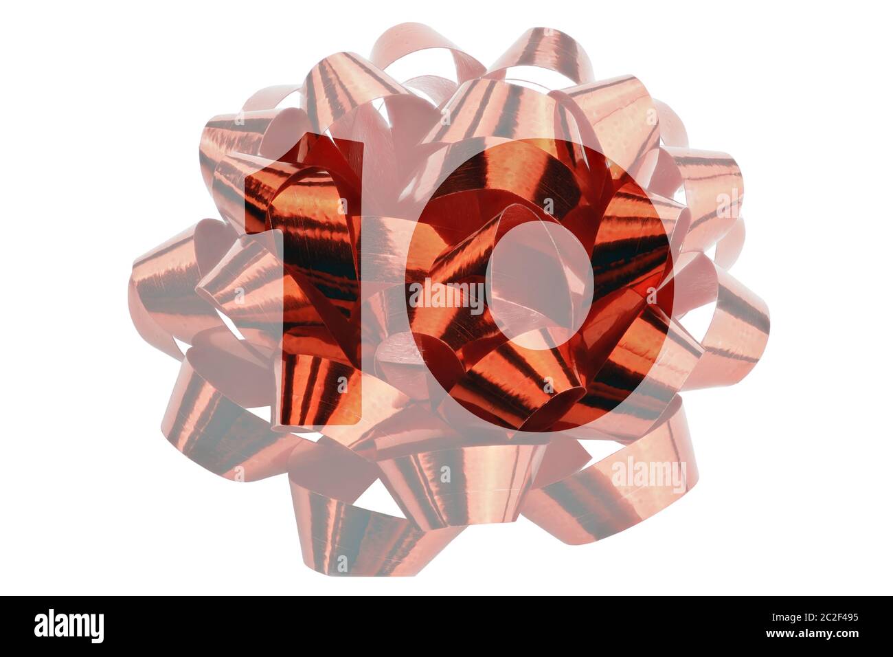 Die Zahl 10 wird symbolisch als hervorgehobene Zahl vor einer Geschenkschleife dargestellt Stockfoto