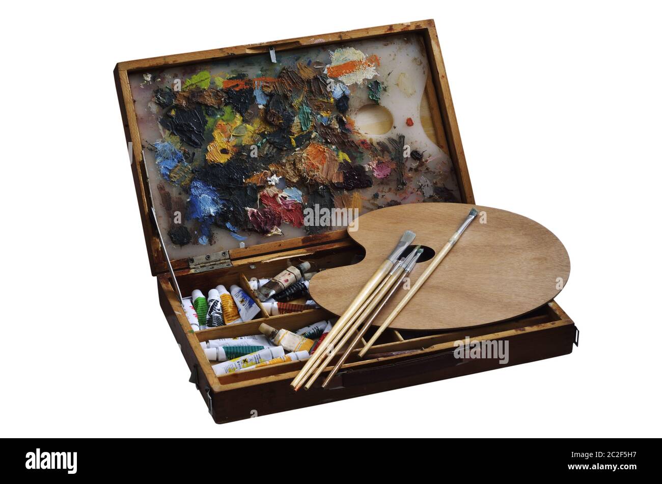 Box mit Farben, Pinsel und Palette Stockfoto