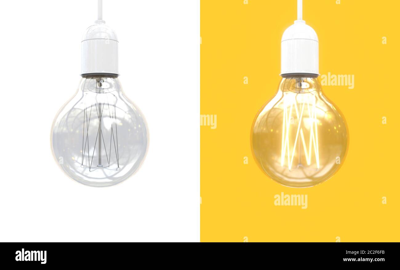 Edisons Glühbirne ein und aus. Abbildung einer Glühlampe, die in zwei Teile geteilt ist. Kontrastvergleich von Gegensätzen. Isoliert auf weiß und Stockfoto