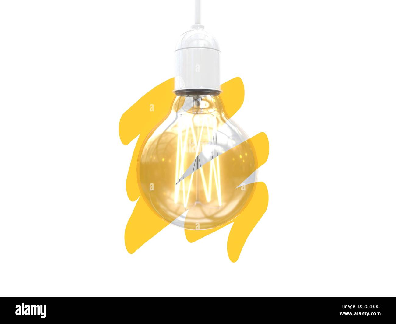 Edisons Glühbirne ein und aus. Gelbe Pinselstriche auf dem Bild einer Glühlampe. Kreative konzeptuelle Illustration mit Kopierbereich. 3D-Renderin Stockfoto