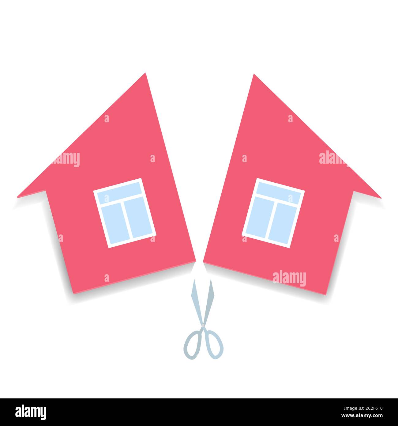 Konzept der Scheidung und Teilung des Eigentums. Rosa Papierhaus in der Mitte geschnitten. vektor-Illustration Stock Vektor