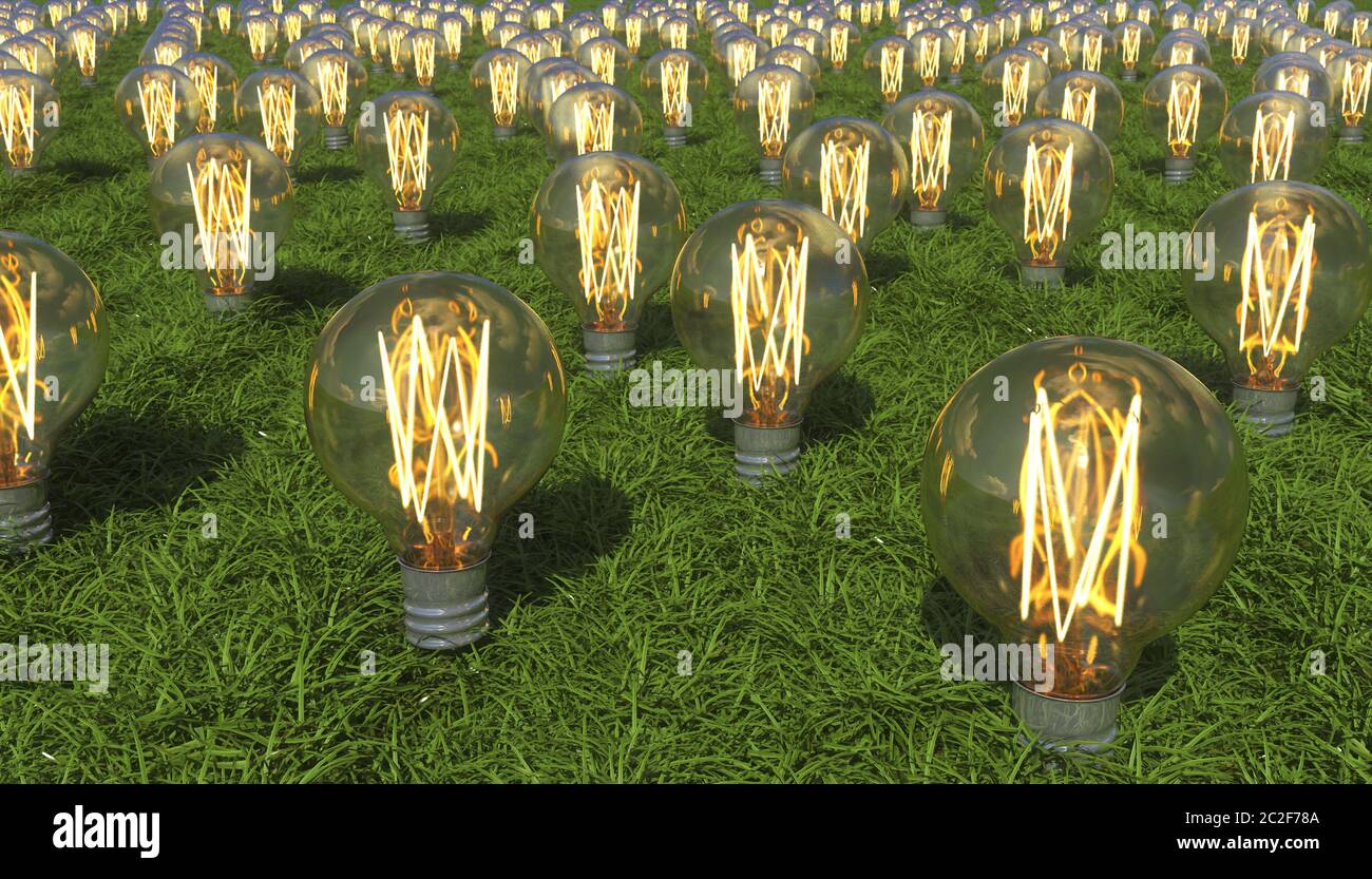 Glühende Glühbirne wachsen aus Gras bedeckt Boden. Alternative erneuerbare Energiequellen. Erzeugung von Elektrizität aus dem Boden. Konzeptionell kreativ i Stockfoto