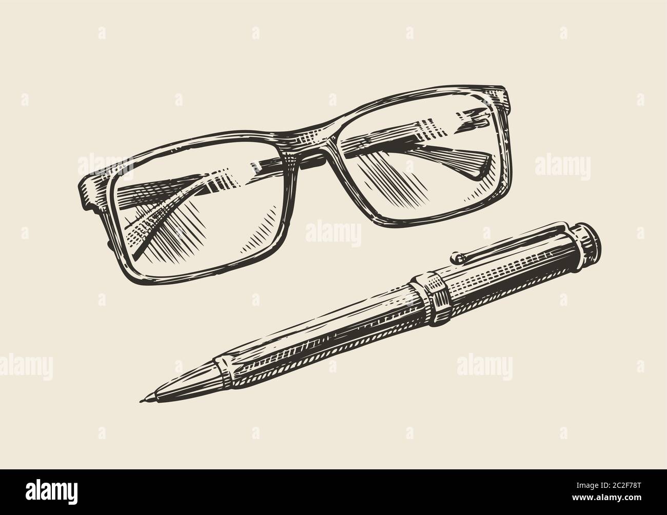 Handgezeichnete Skizzenbrille und Stift. Geschäft, Bildung retro vintage Vektor Illustration Stock Vektor