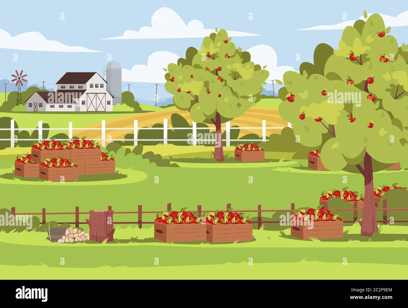 Bauernhof mit Obstbäumen semi flach Vektor-Illustration. Frische Apfelernte in den Schatullen. Garten draußen Ranch. Ländlicher Lebensstil, Sommer Grün. Ackerland Stock Vektor