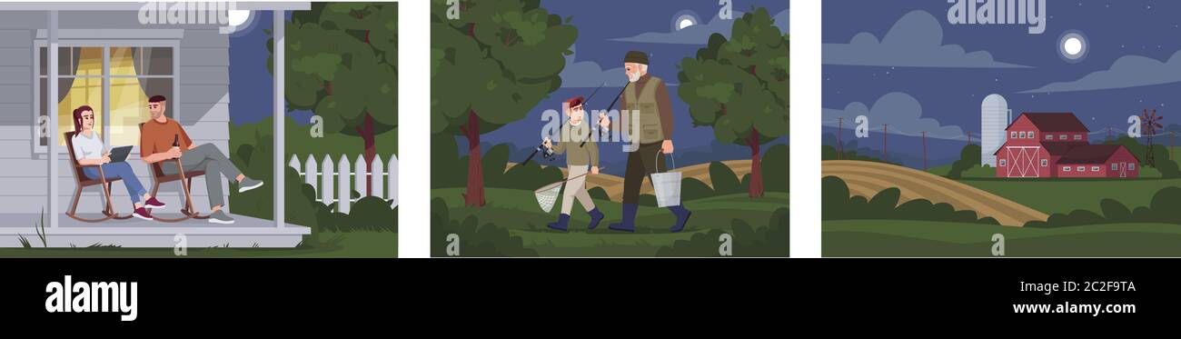 Nächtliche Familienaktivität im Dorf semi flach Vektor Illustration Set. Großvater geht vom Fischen mit Enkel. Pärchen sitzen auf der Terrasse. Farmers 2D Stock Vektor