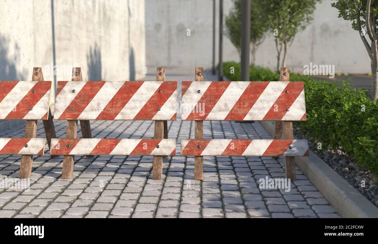 Alte Holzbarriere auf dem Bürgersteig in der Nähe. Warnschild über die Schließung des Durchgangs auf der Straße. 3D-Rendering. Stockfoto