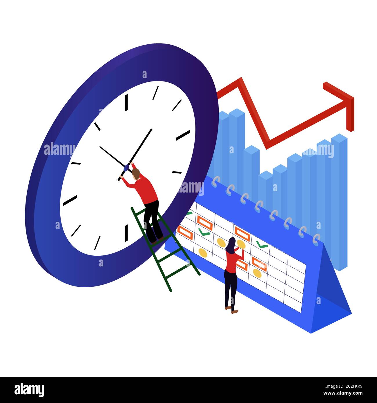 Isometrisches Zeitmanagement-Konzept. Der Mann in Rot korrigiert die Zeit der blauen Uhr. vektordarstellung isoliert auf Weiß Stock Vektor