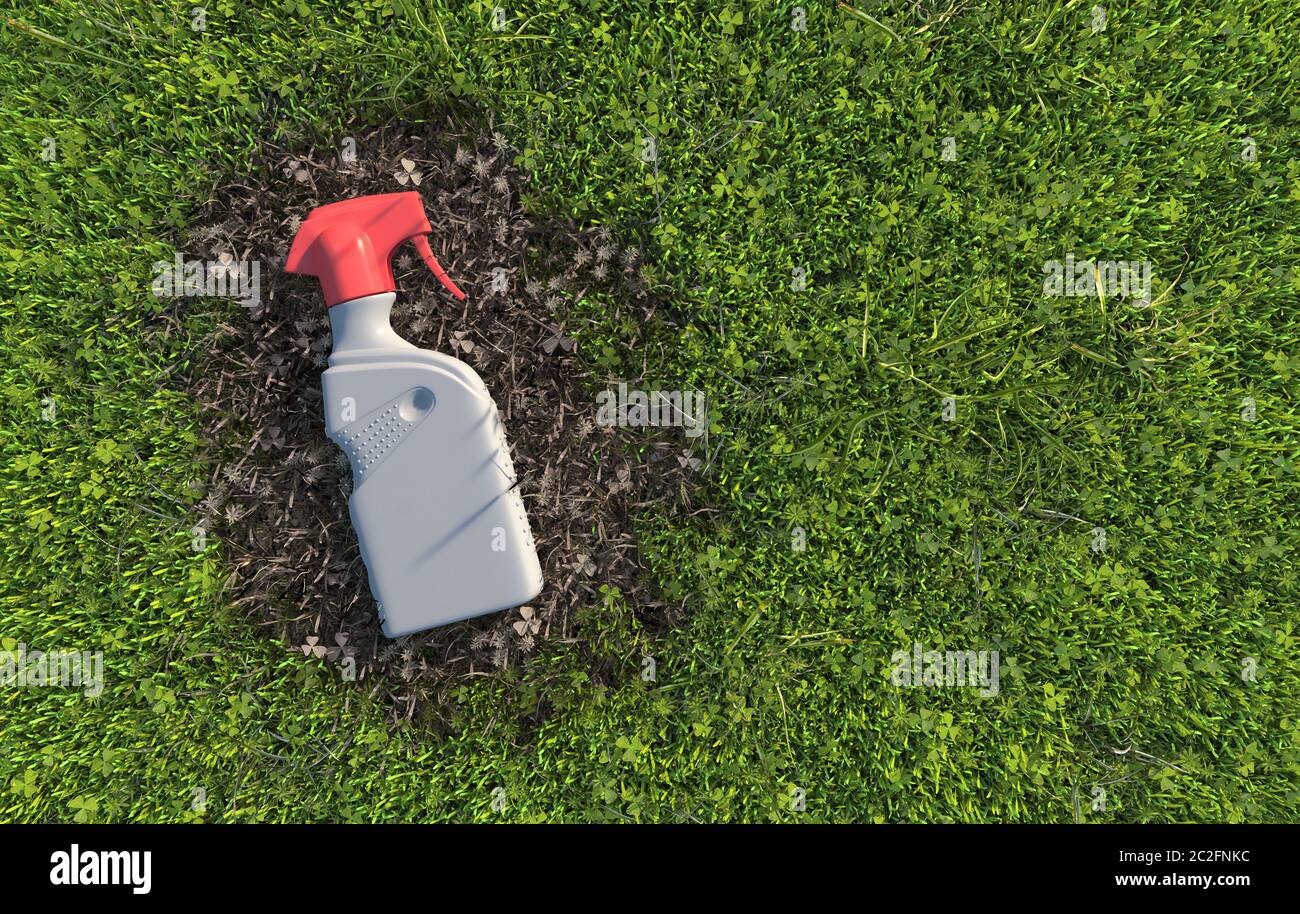Eine gebrauchte Plastikflasche liegt auf verwelktem Gras, verschmutzt den Boden und zerstört Pflanzen. Umweltverschmutzung durch giftige Abfälle. Konzeptionell kreativ illu Stockfoto