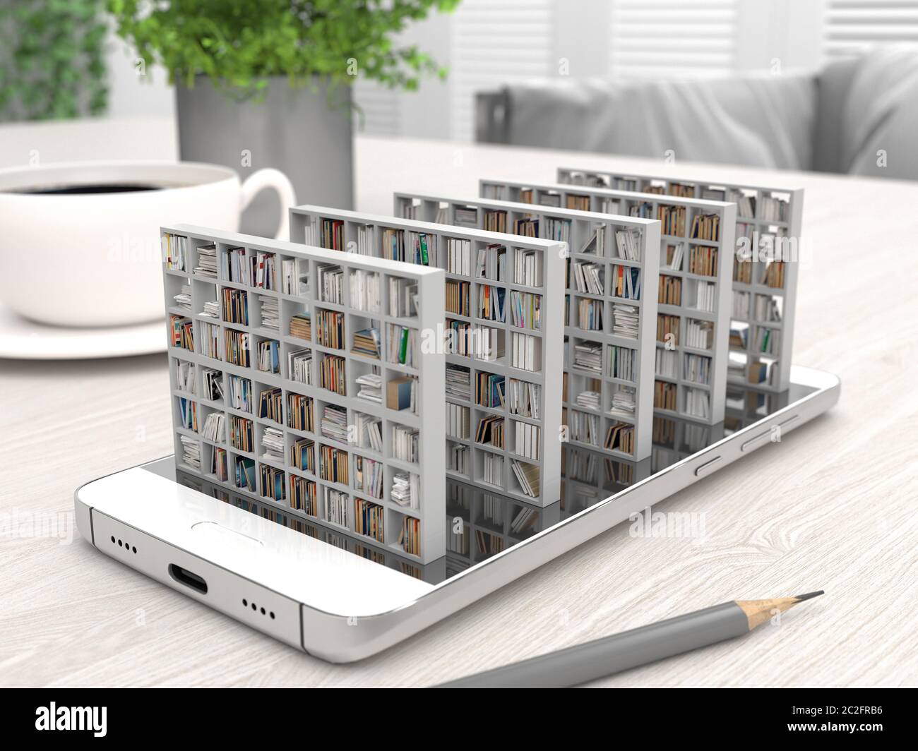 Bücherregal mit Büchern auf einem Smartphone-Bildschirm auf einem Desktop. Elektronische Bibliothek in einem Mobiltelefon. Fernunterricht und Selbststudium. Bücher online. Kreati Stockfoto